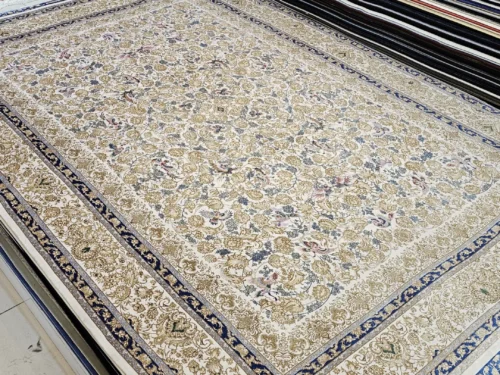 فرش ماشینی ابریشم طرح افشان گل مرغ،کرم 29
