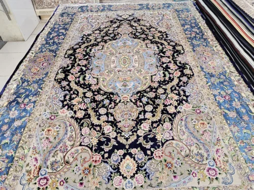 فرش ماشینی 6متری کلکسیون اصیل تبریز پشم ابریشم،کد سرمه ای 450