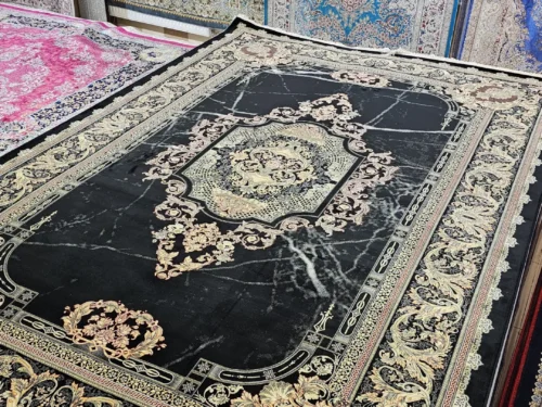 فرش ماشینی 6متری ورساچه کلکسیون نگین شاهرخ،کد رزتا سرمه ای