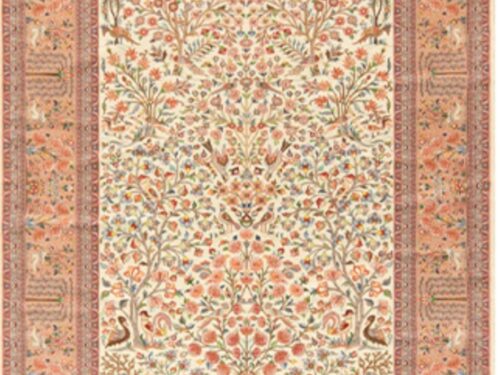 فرش مرینوس_کلکسیون سیمرغ، طرح راز گردی کد: 601141 رنگ پانچ(گلبهی)