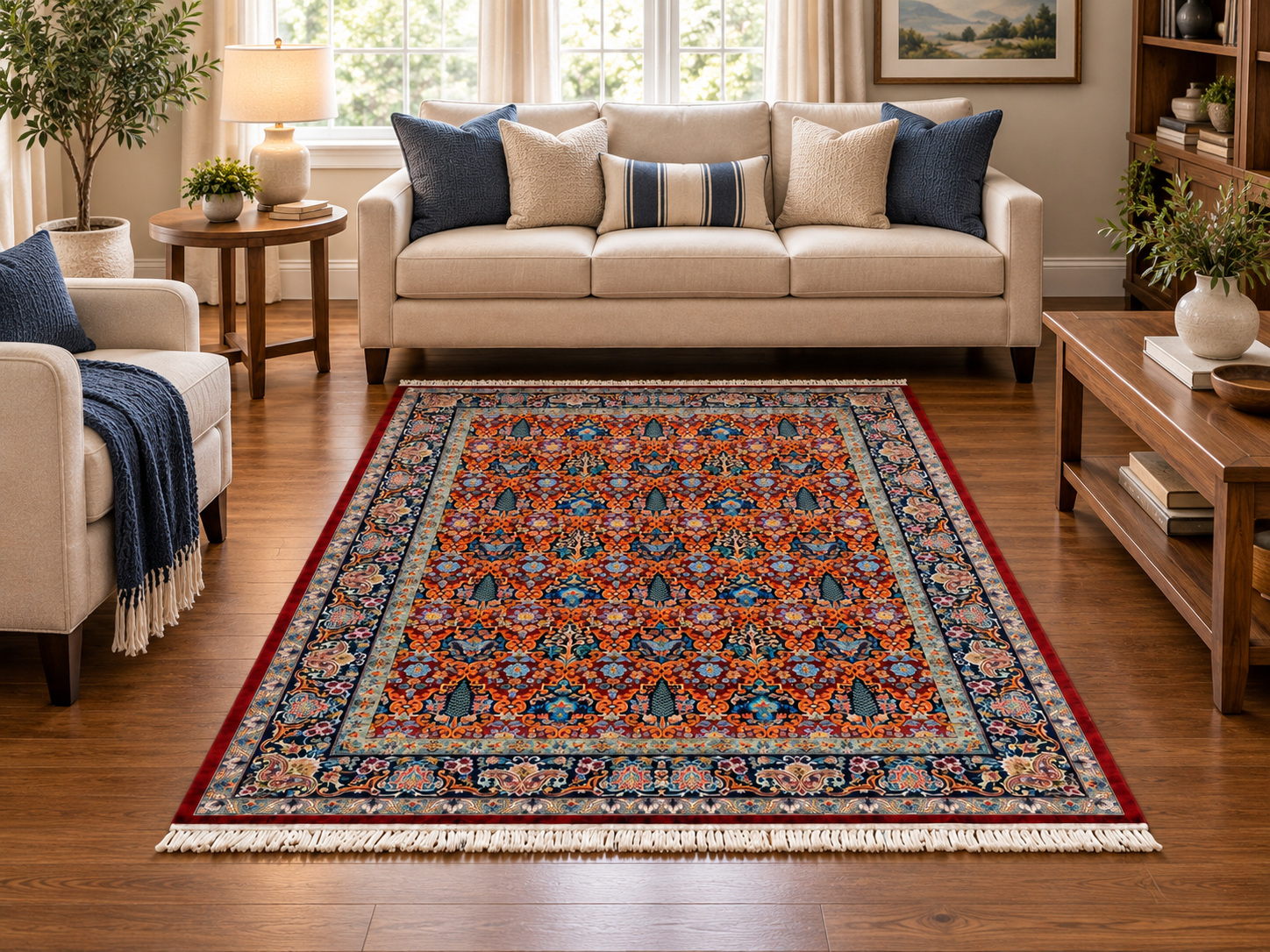 Sunlit Living Room with Ornate Rug فرش پشم ماشینی گوشتدار ۷۰۰ شانه طرح افشان گلوبوته لاکی سایز دلخواه – کد 75934