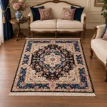 قالیچه دستبافت 30 رج طرح علیا سرمه ای و کرم - کد 78465