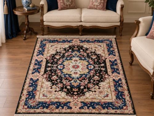 قالیچه دستبافت 30 رج طرح علیا سرمه ای و کرم - کد 78465