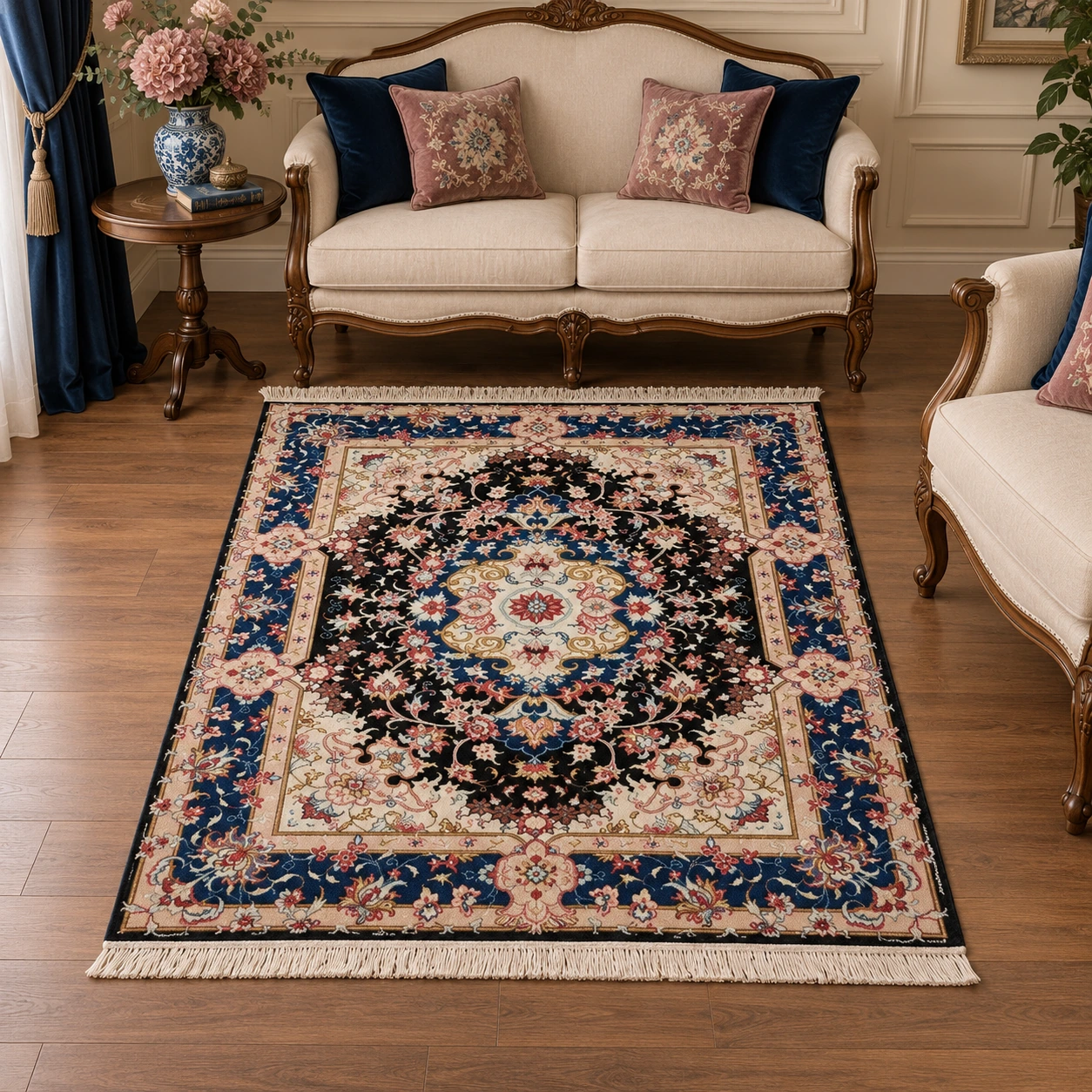 carpet-78465-decor-compact قالیچه دستبافت 30 رج طرح علیا سرمه ای و کرم - کد 78465
