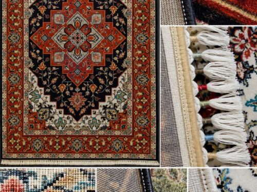 فرش پشم ماشینی گوشت‌دار ۷۰۰ شانه طرح هریس سرمه‌ای حاشیه لاکی سایز دلخواه – کد 76639