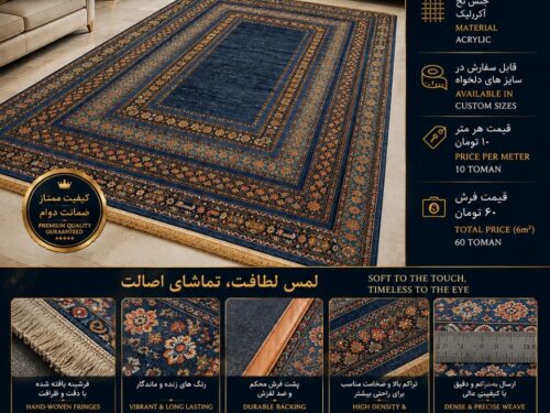فرش ماشینی مرینوس اکریلیک طرح قاب‌بندی کلاسیک سرمه‌ای ۶ متری کد ۵۵۲۷۰۲