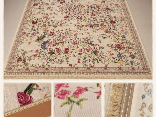 فرش ماشینی مرینوس اکریلیک طرح افشان گل و‌ مرغ کرم 6 متری کد 80090