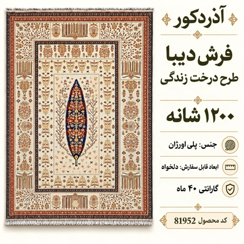 فرش ماشینی دیبا طرح درخت زندگی رنگ کرم اندازه دلخواه - کد 81952